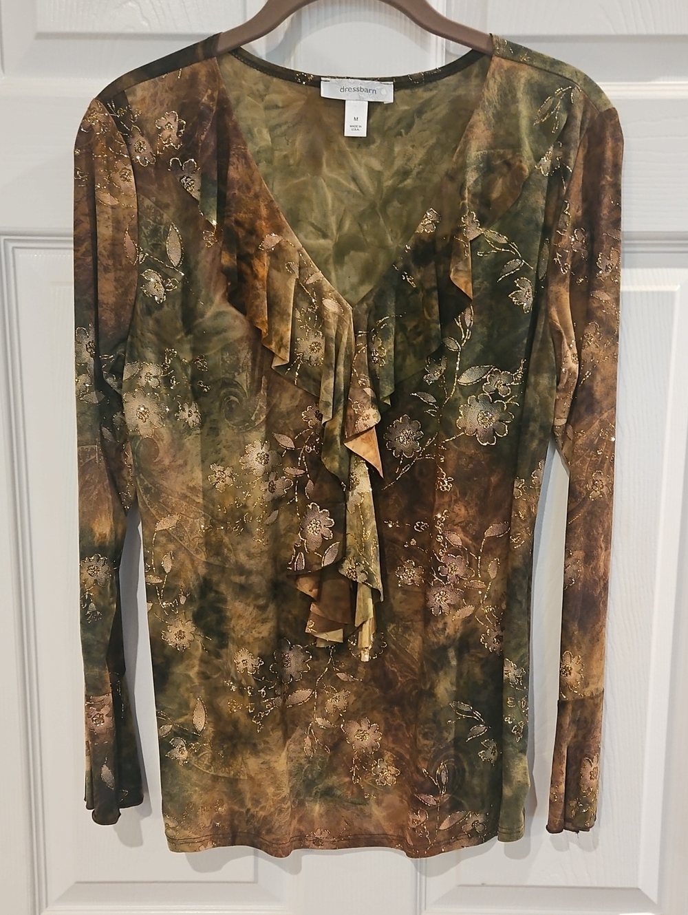dressbarn Olive and Brown Floral Ruffle V-Neck Long Sleeve Top